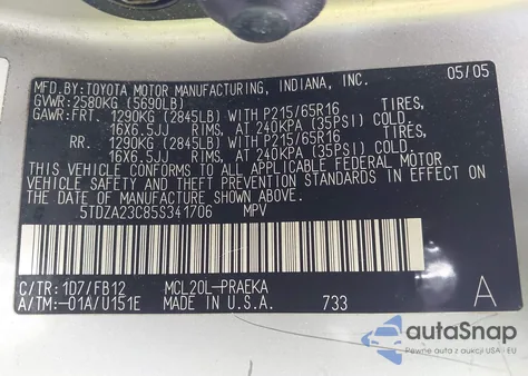 2005 Toyota Sienna Le z USA, uszkodzony, nr VIN 5TDZA23C85S341706